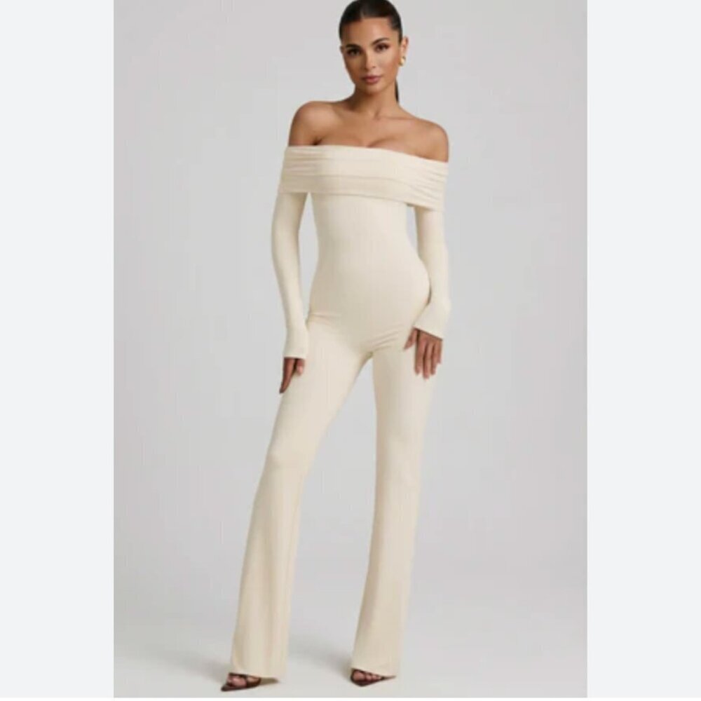 Oh Polly Agnesa Dilnaz Modal Off-Shoulder Jumpsuit in Ivory Size 6